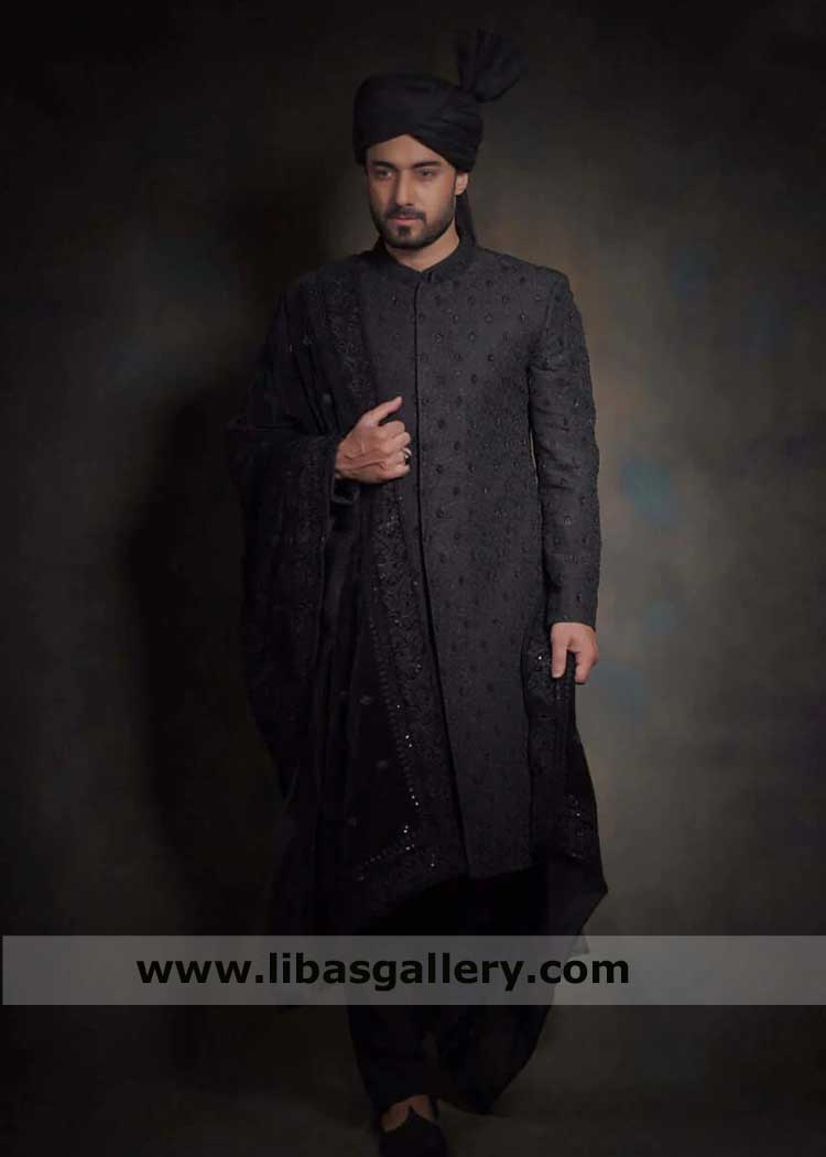 Jet Black Heavy Embroidered Groom Nikah Sherwani